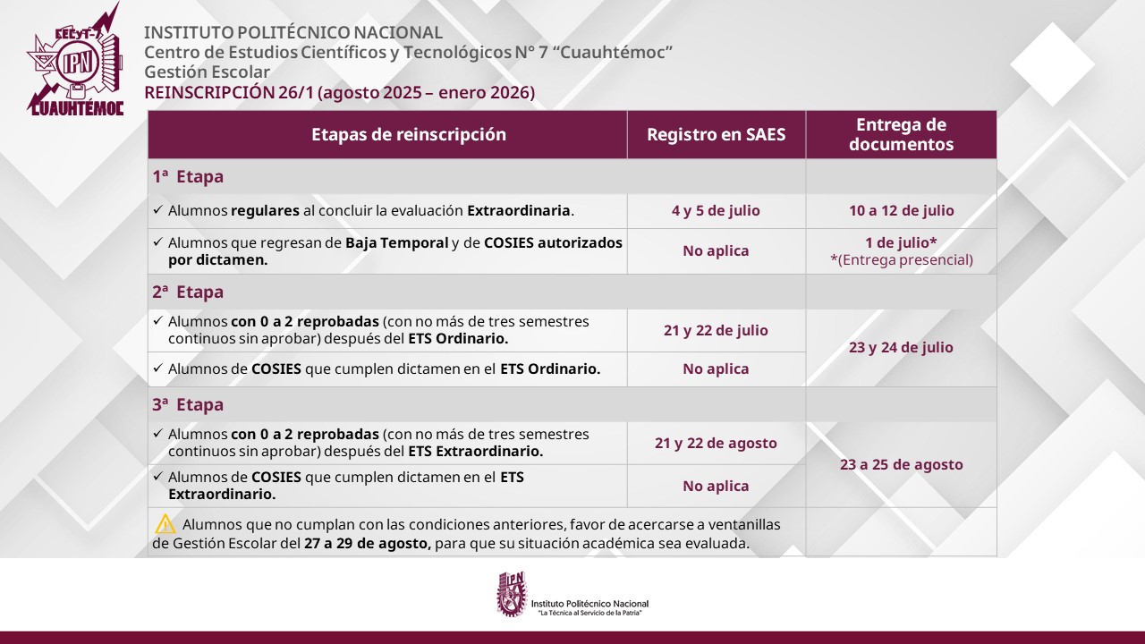 Calendario de etapas de reinscripción, periodo 2026/1 (agosto 2025 - enero 2026)